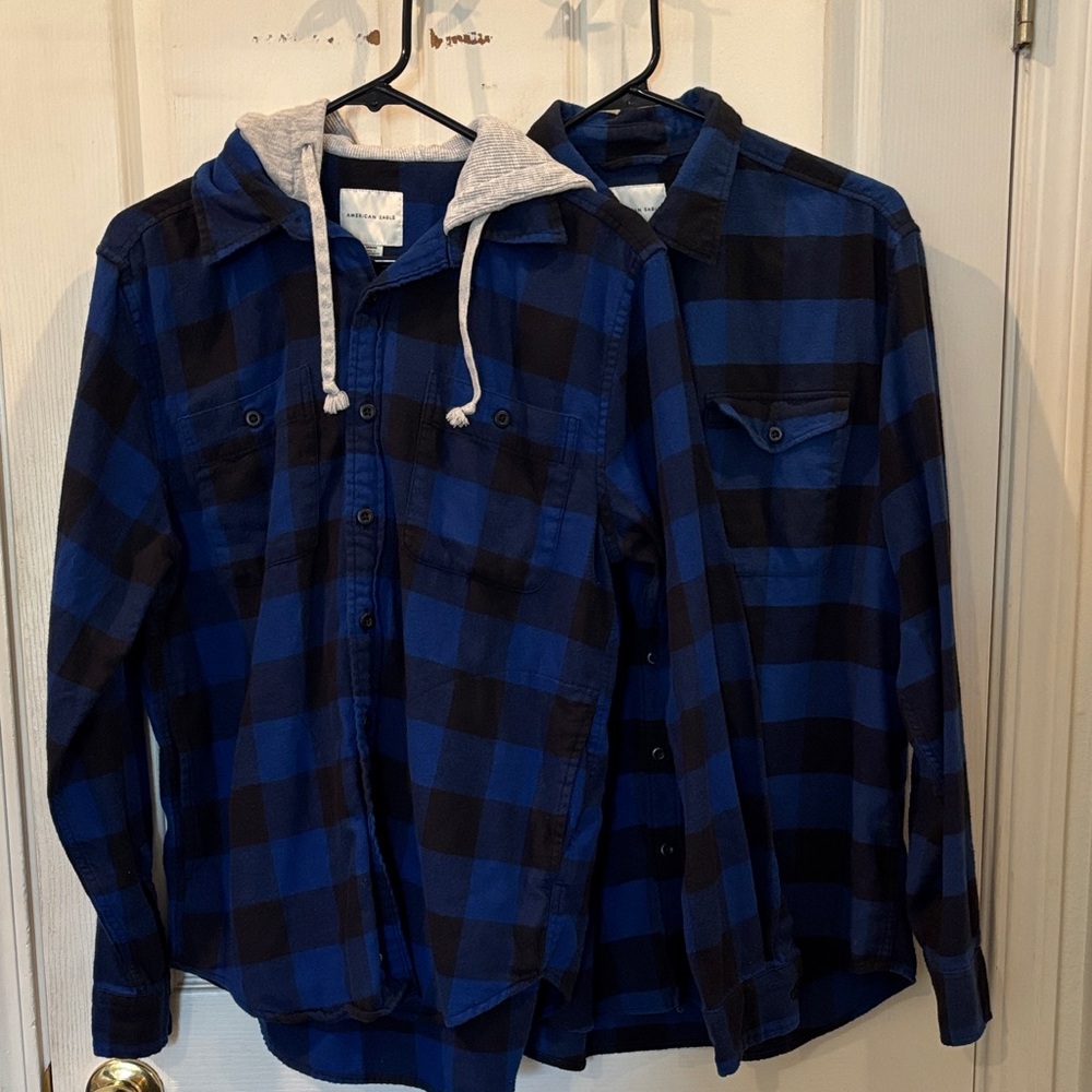 American Eagle Outfitters Blue and Black Plaid Shirts, Medium, Lot of 2